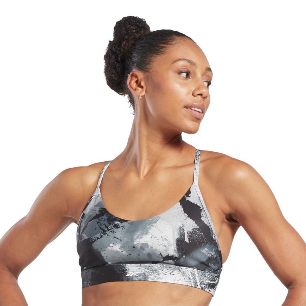 Reebok Women's Lux Strappy All Over Print Mid Sports Bra - Black